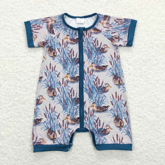 SR0802 Blue Fish duck Zipper Girls Short Sleeve Romper