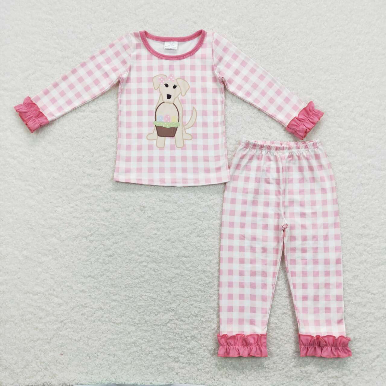 GLP1036 Easter Dog Egg Pink Embroidery Girls Long Sleeve Pants Outfits Pajamas