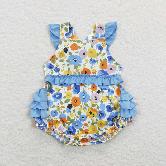 SR0824 Blue Yellow Floral Ruffles  Girls Short Sleeve Romper