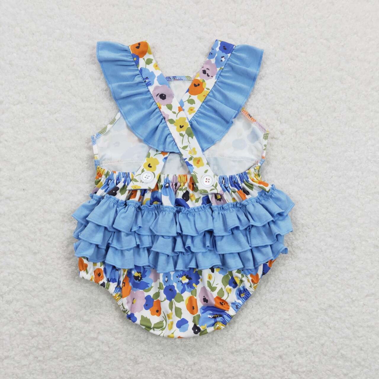 SR0824 Blue Yellow Floral Ruffles  Girls Short Sleeve Romper