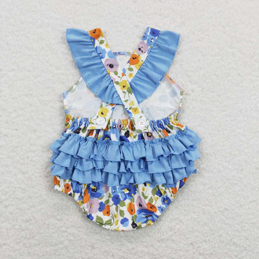 SR0824 Blue Yellow Floral Ruffles  Girls Short Sleeve Romper