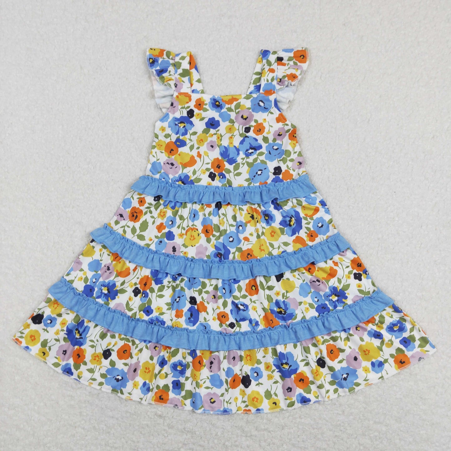 GSD0682  Blue Yellow Floral Ruffles  Girls Short Sleeve Dresses