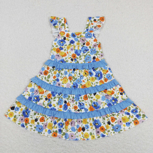 GSD0682  Blue Yellow Floral Ruffles  Girls Short Sleeve Dresses