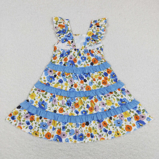 GSD0682  Blue Yellow Floral Ruffles  Girls Short Sleeve Dresses