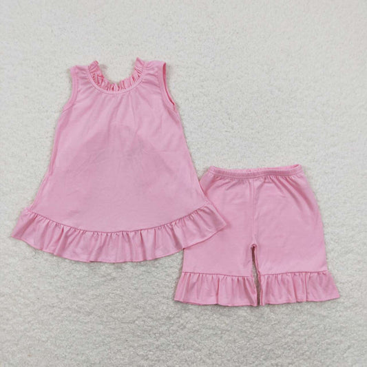 GSSO0518 Pink Bow  Girls Short Sleeve Shorts Outfits