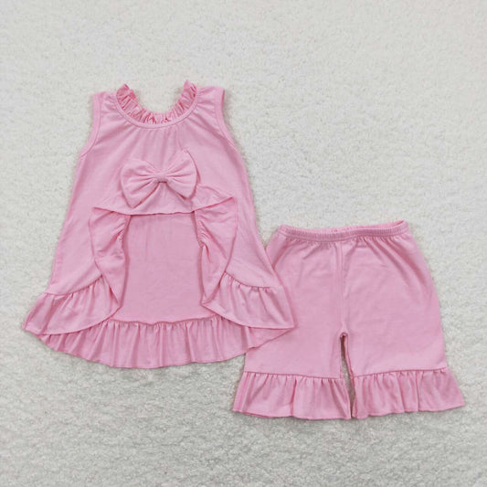 GSSO0518 Pink Bow  Girls Short Sleeve Shorts Outfits