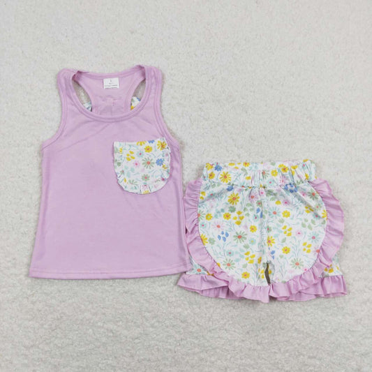 GSSO0511 Pink Floral Girls Short Sleeve Shorts Outfits