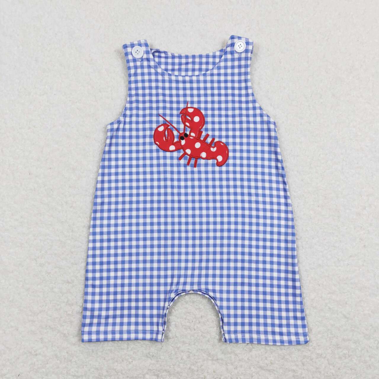 SR0820  Blue Red Crayfish   Embroidery  Girls Short Sleeve Romper