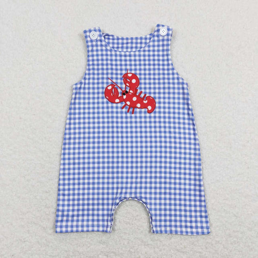 SR0820  Blue Red Crayfish   Embroidery  Girls Short Sleeve Romper