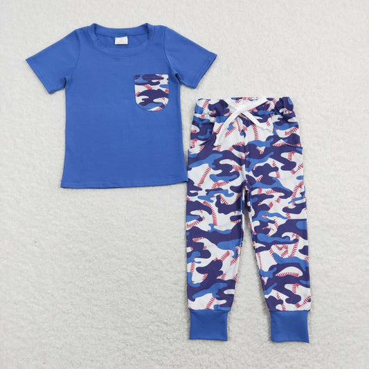 BSPO0170 Blue Softball  Boys Short Sleeve Bell Bottom Pants Outfits