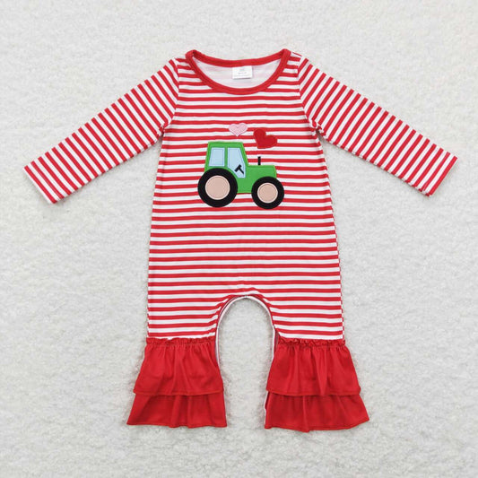 LR0847 Valentine Red love Truck  Embroidery  Girls Long Sleeve Romper