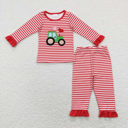 GLP1077 Valentine Red love Truck  Embroidery Girls Long Sleeve Pants Outfits