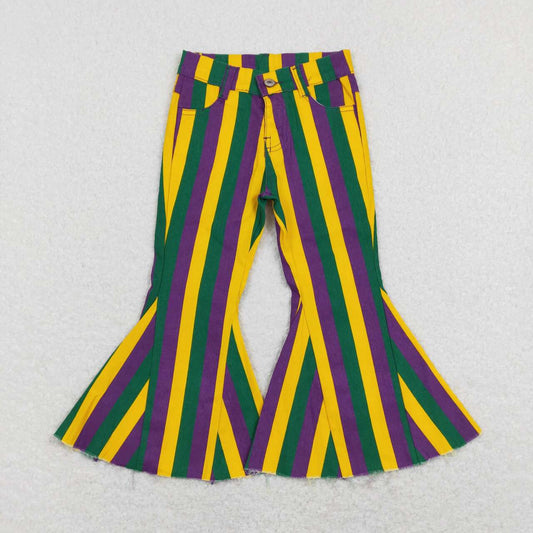 P0327 Mardi Gras Green Yellow Purple Stripes  Girls Denim Jeans