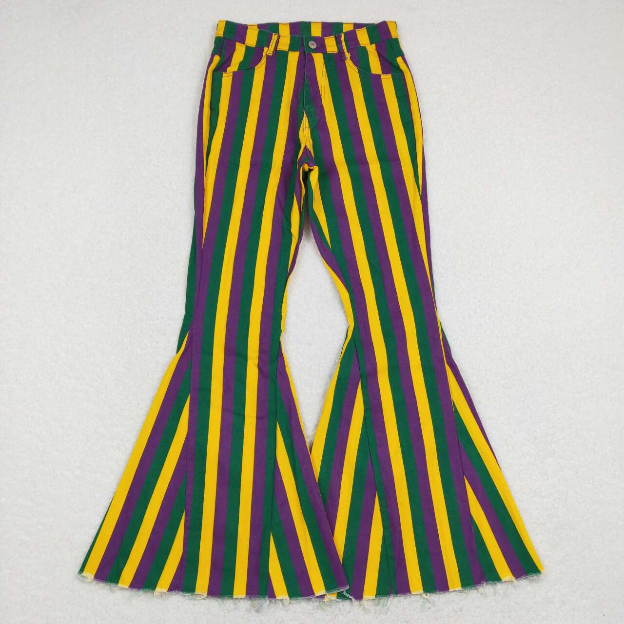 P0328  Adult Mardi Gras Green Yellow Purple Stripes Girls Bell Pants Denim Jeans