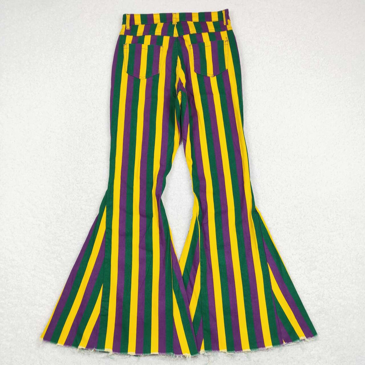 P0328  Adult Mardi Gras Green Yellow Purple Stripes Girls Bell Pants Denim Jeans