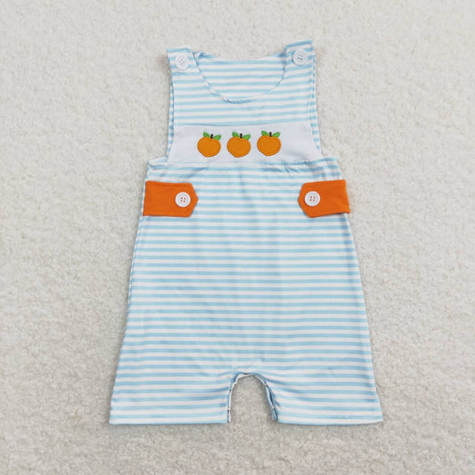 SR0738 Blue Orange Embroidery  Girls Short Sleeve Romper