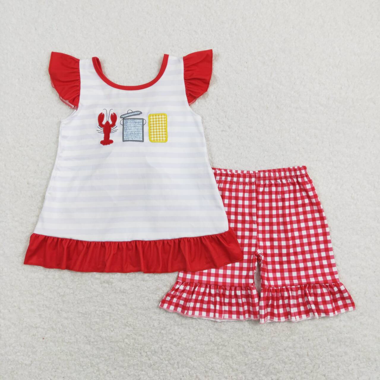 GSSO0455 Red Crayfish  Embroidery Girls Short Sleeve Shorts Outfits