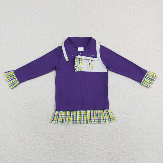 GT0412 Mardi gras Purple Green  Winter Girls Long Sleeve Top Collar T-Shirts