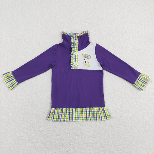 GT0412 Mardi gras Purple Green  Winter Girls Long Sleeve Top Collar T-Shirts