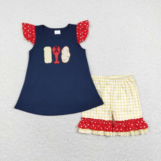 GSSO0452 Blue Red Crayfish  Embroidery Girls Short Sleeve Shorts Outfits