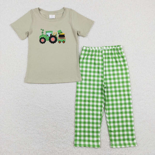 BSPO0276 St. Patrick  Green Lucky Clover Embroidery Boys Short Sleeve Pants Outfits