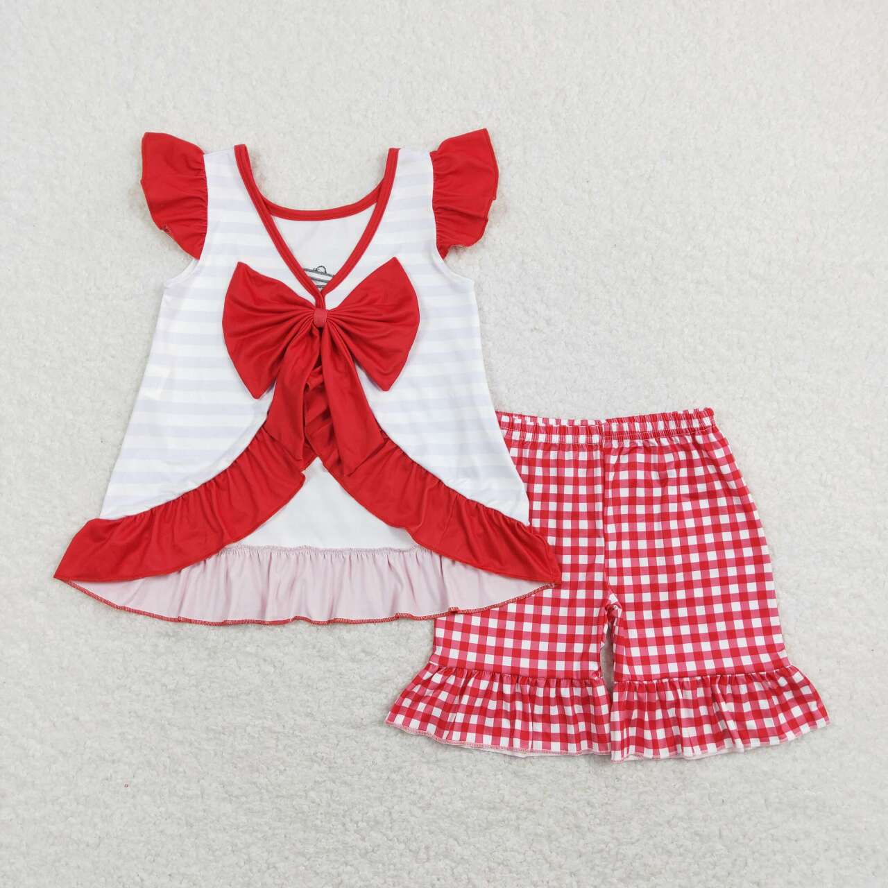 GSSO0455 Red Crayfish  Embroidery Girls Short Sleeve Shorts Outfits