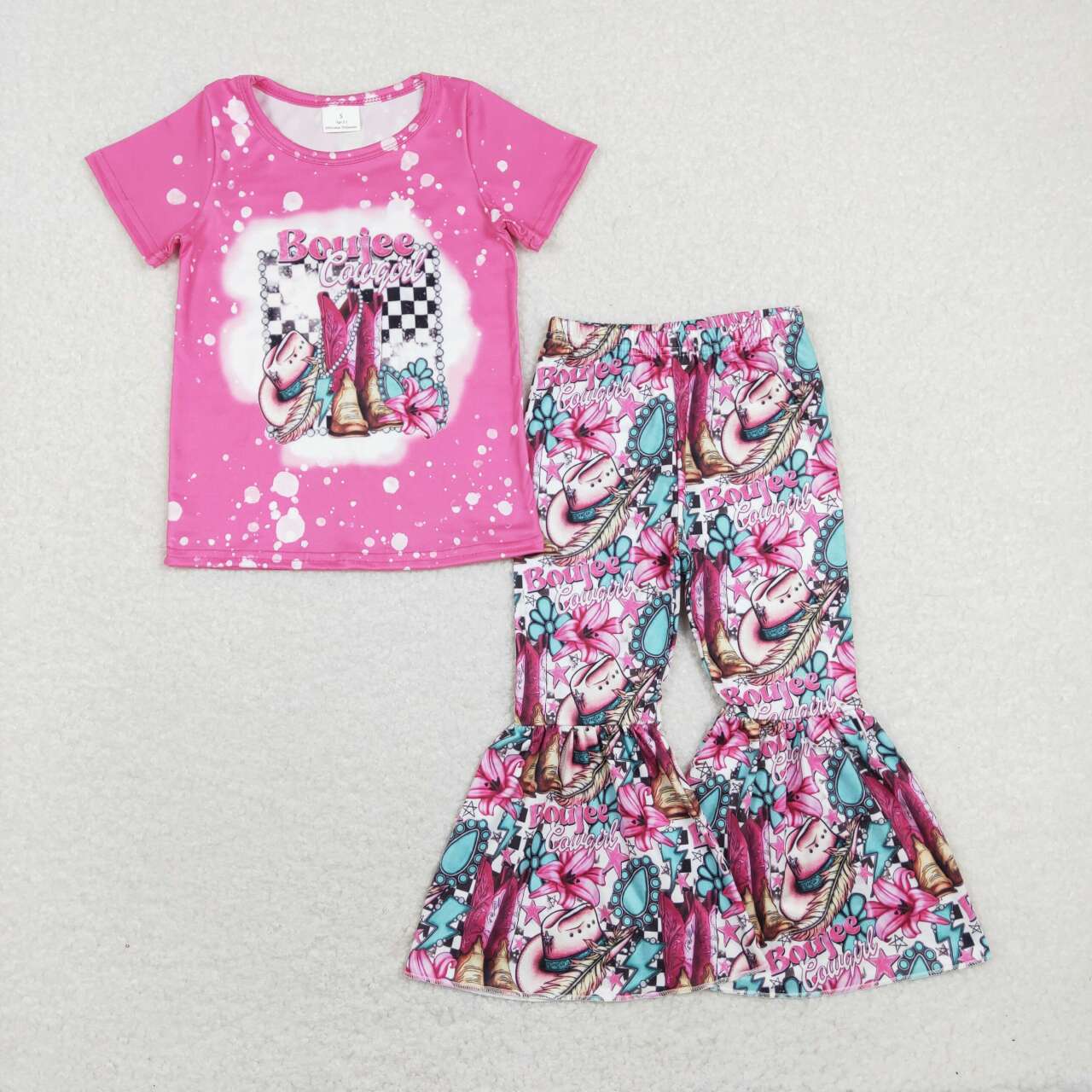 GSPO1293 Pink cowgirl Cartoon Girls Short Sleeve Bell Bottom Pants Outfits