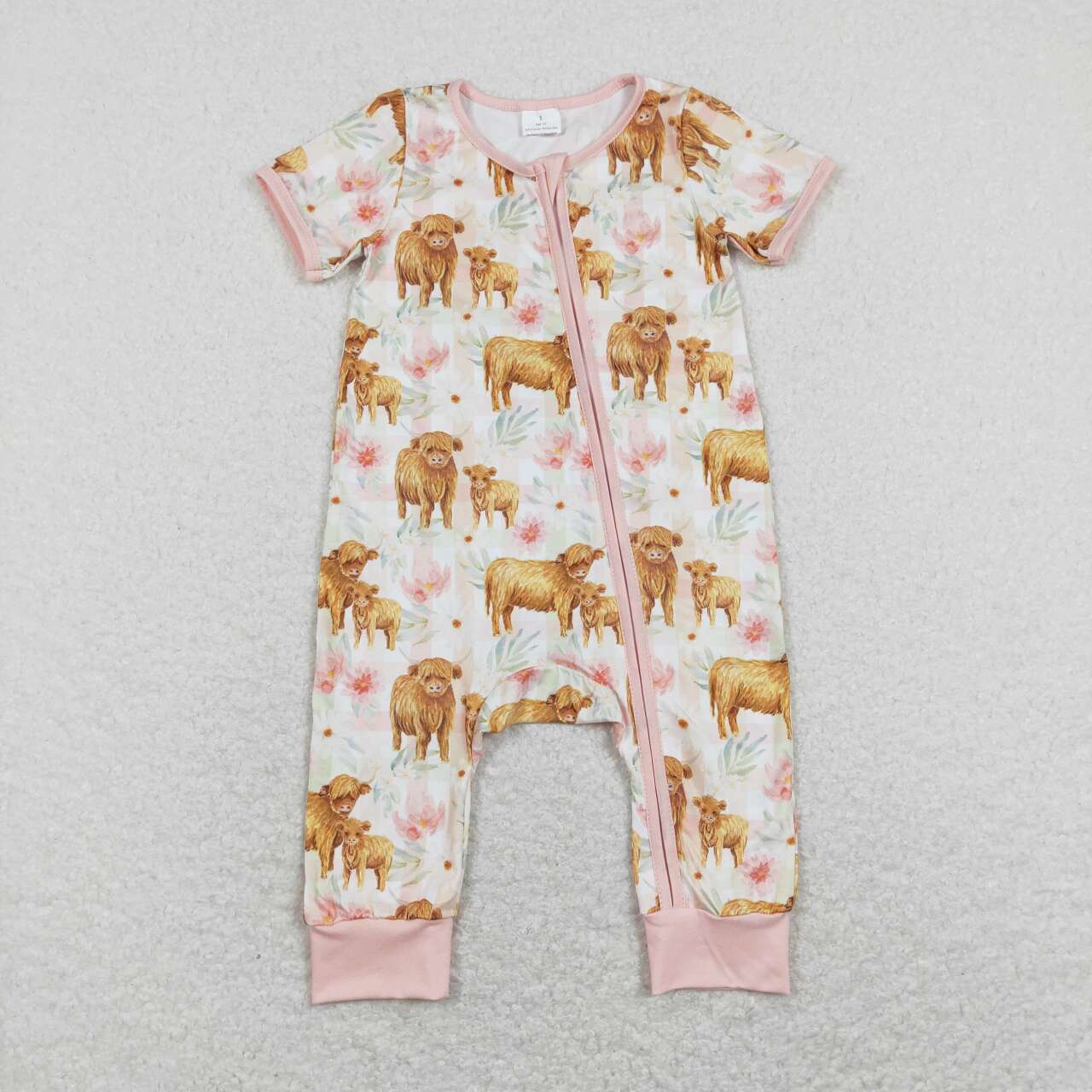 SR0940 Highland cow Floral Zipper Girls Short Sleeve Romper