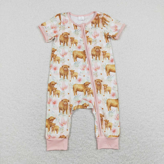 SR0940 Highland cow Floral Zipper Girls Short Sleeve Romper