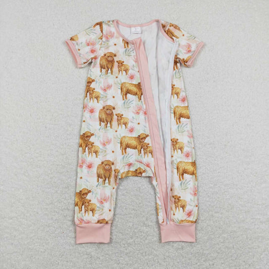 SR0940 Highland cow Floral Zipper Girls Short Sleeve Romper