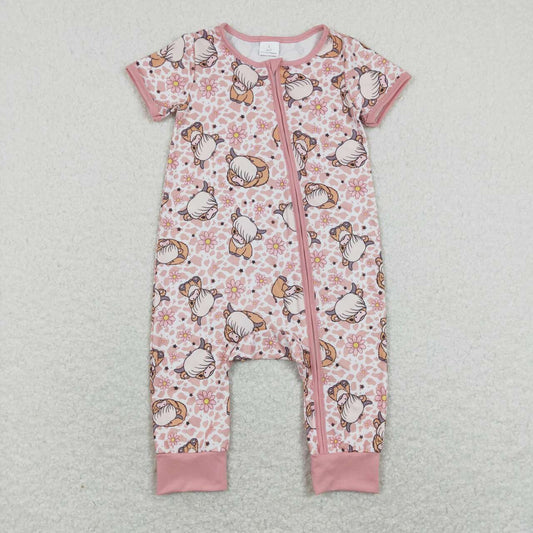 SR0924 Highland cow Pink Zipper Girls Short Sleeve Romper