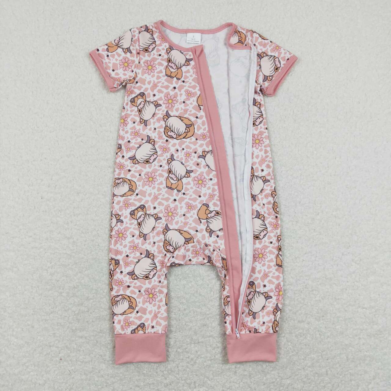 SR0924 Highland cow Pink Zipper Girls Short Sleeve Romper