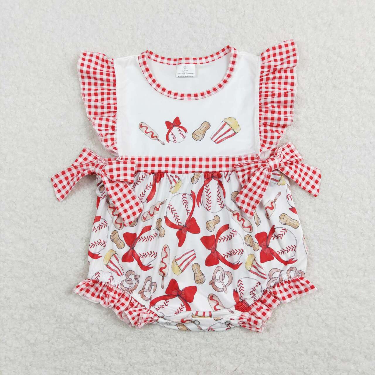 SR0848 Red Softball   Embroidery  Girls Short Sleeve Romper