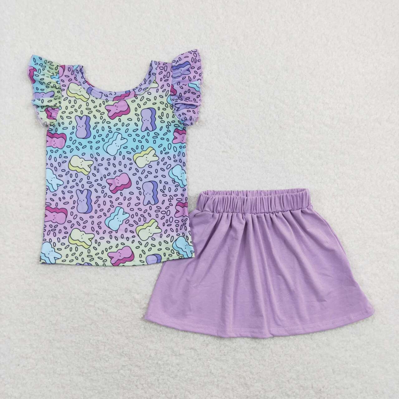 GSD0768 Easter Rabbit Leopard Purple  Dresses Girls Short Sleeve Shorts Outfits