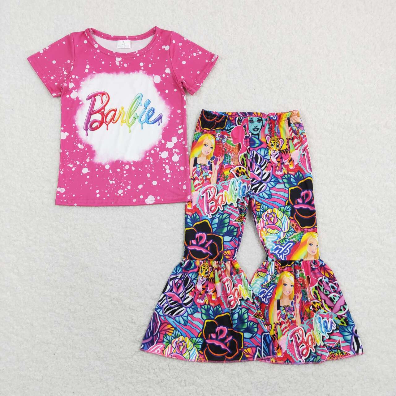 GSPO1282 Pink B Cartoon Girls Short Sleeve Bell Bottom Pants Outfits