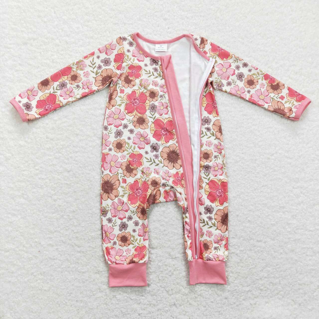 LR0895 Pink Floral  Zipper Girls Long Sleeve Romper