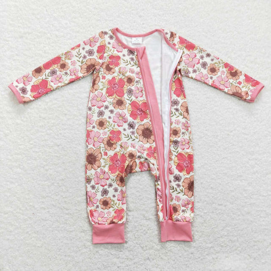 LR0895 Pink Floral  Zipper Girls Long Sleeve Romper