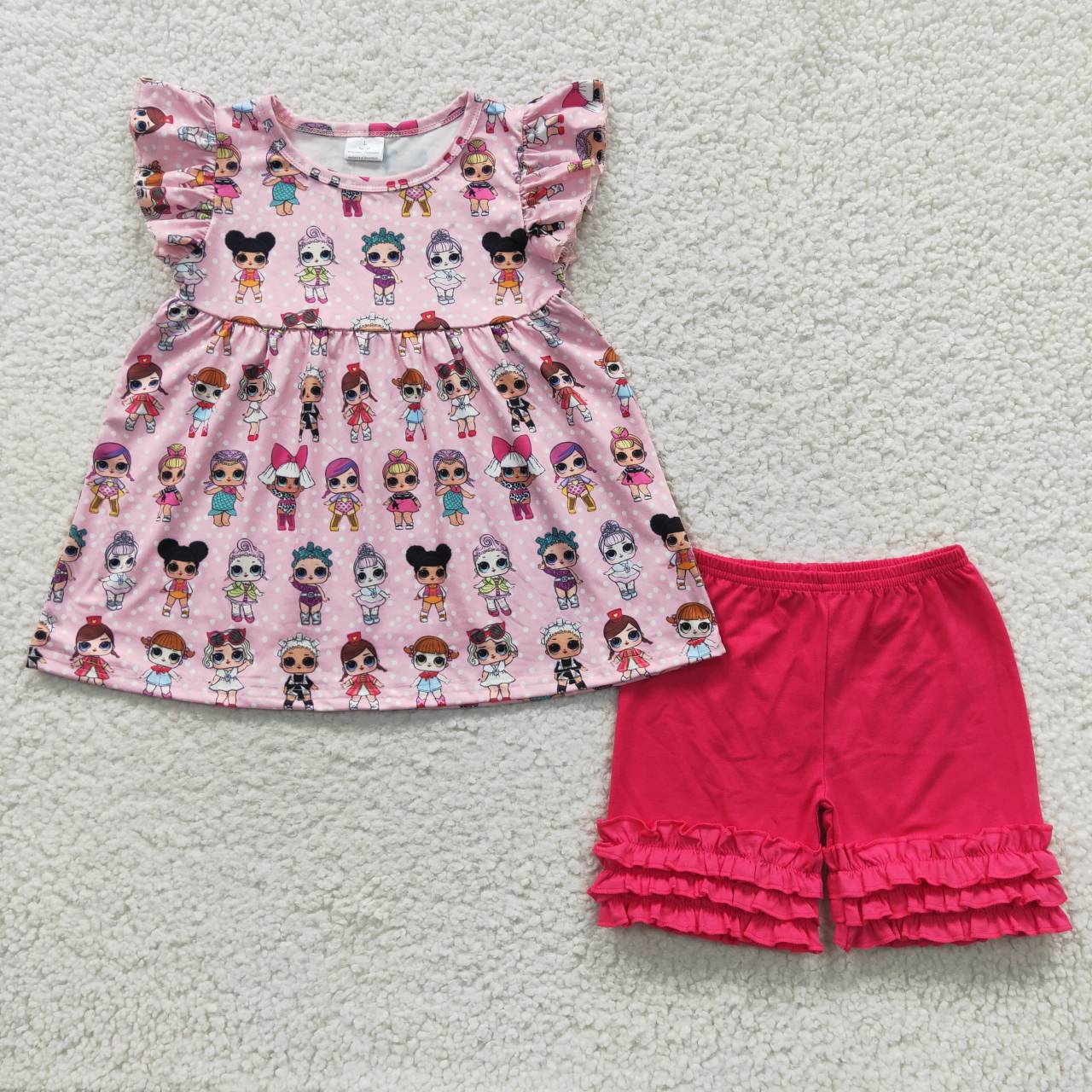 C5-14 Cartoon Dolls Hot Pink Girls Short Sleeve Shorts Outfits