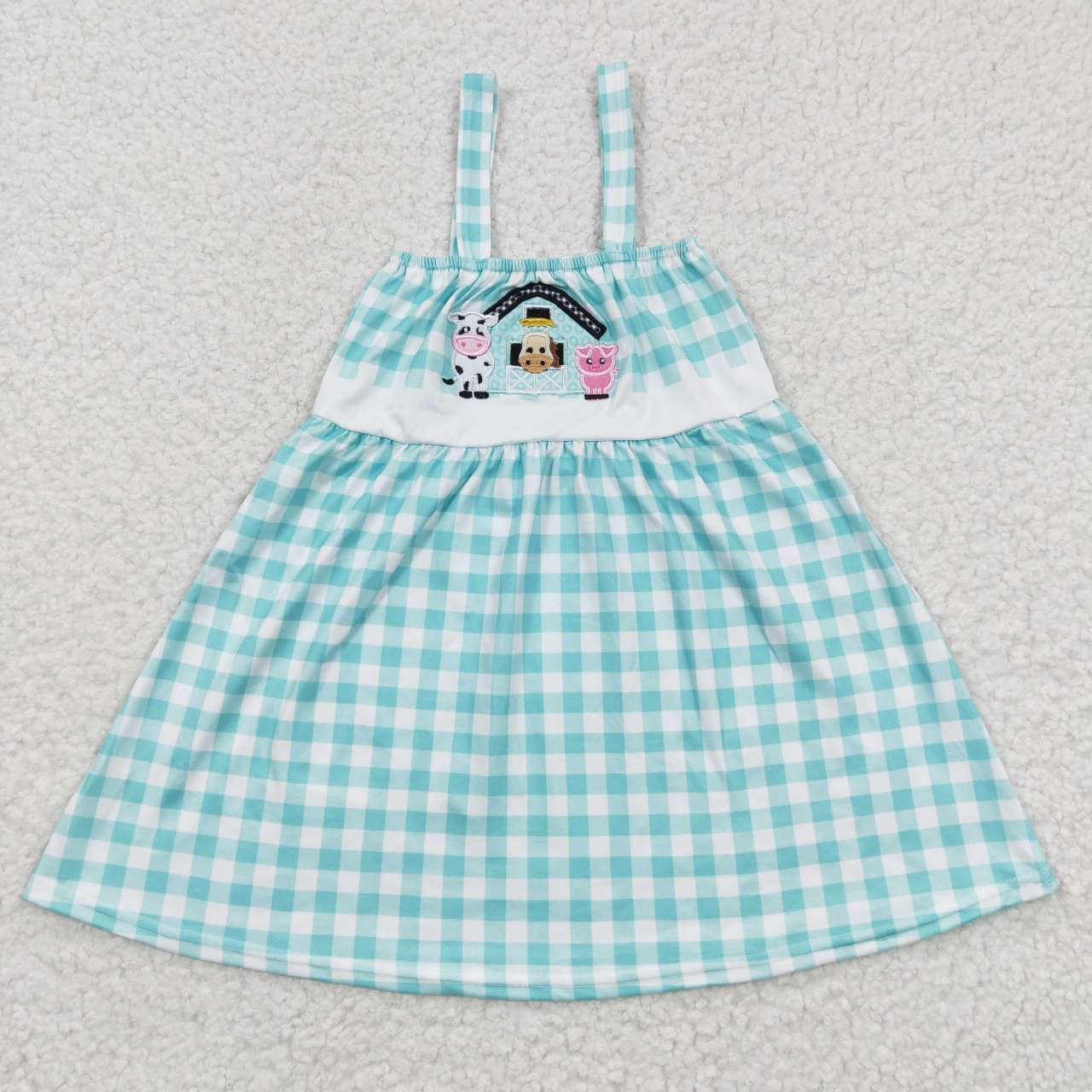 GSD0269 Blue Plaid Pig Cow Farm Embroidery Girls Short Sleeve Dresses