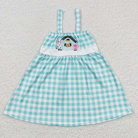 GSD0269 Blue Plaid Pig Cow Farm Embroidery Girls Short Sleeve Dresses