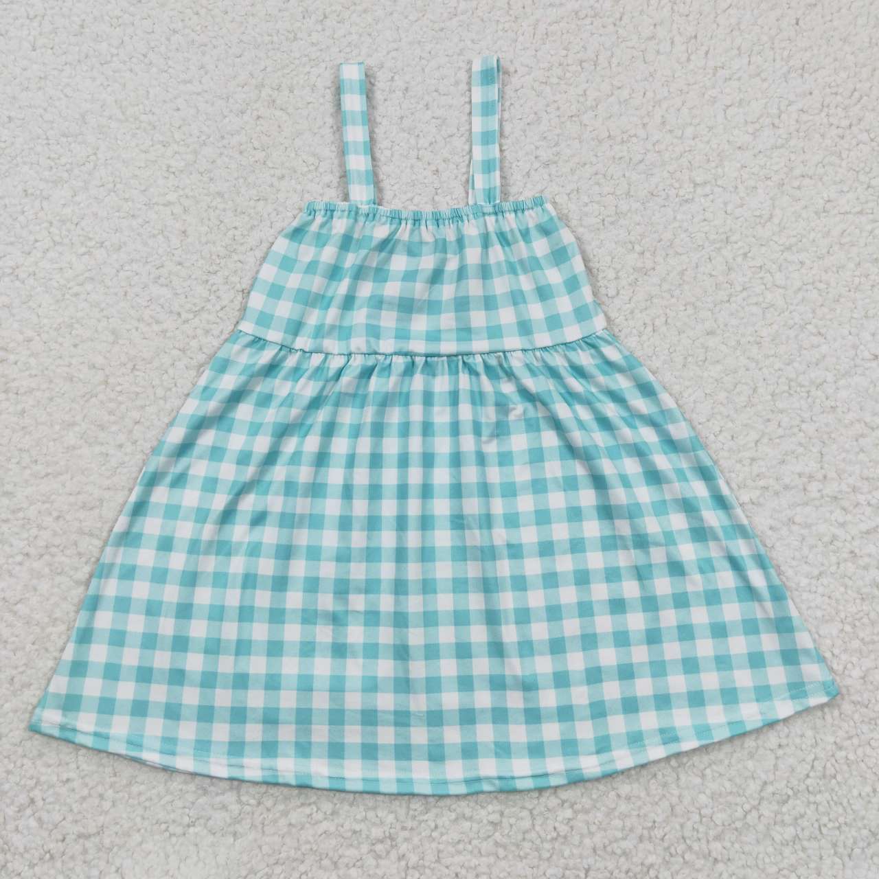 GSD0269 Blue Plaid Pig Cow Farm Embroidery Girls Short Sleeve Dresses