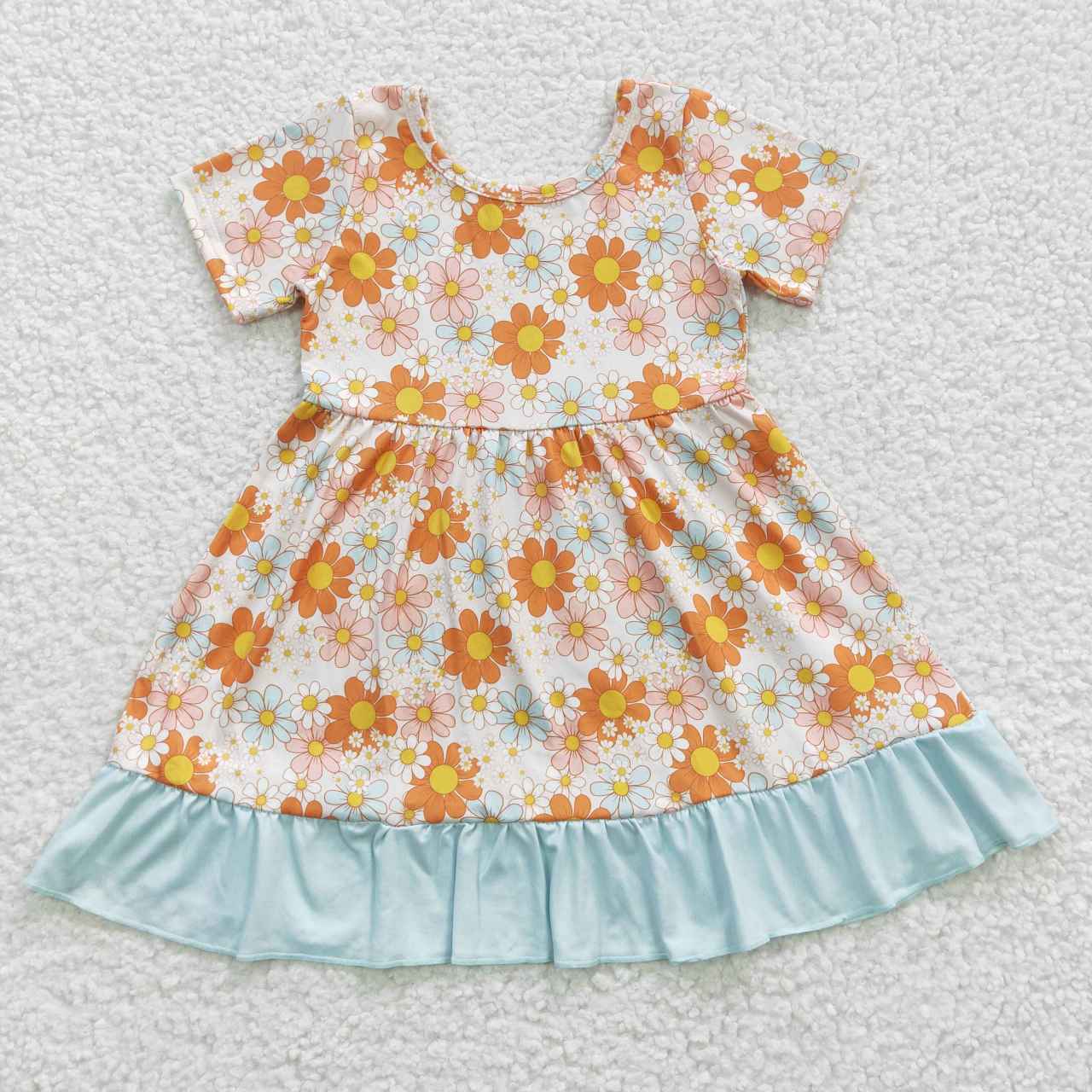 GSD0331 Yellow Blue Floral Girls Short Sleeve Dresses