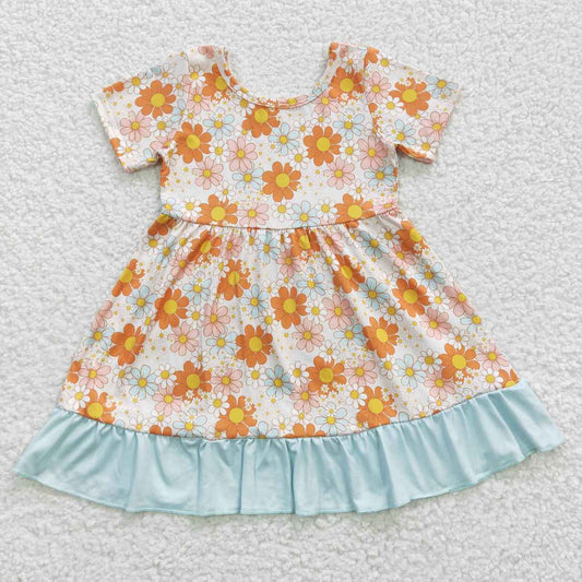 GSD0331 Yellow Blue Floral Girls Short Sleeve Dresses