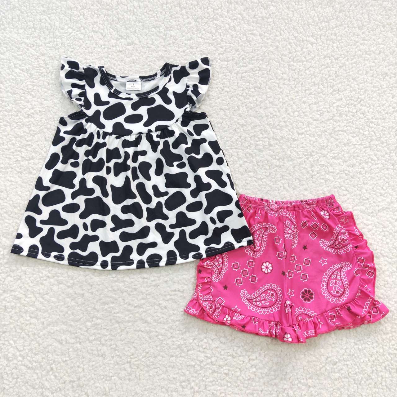 GSSO0300  Pink Cow Print Leopard Girls Short Sleeve Shorts Outfits