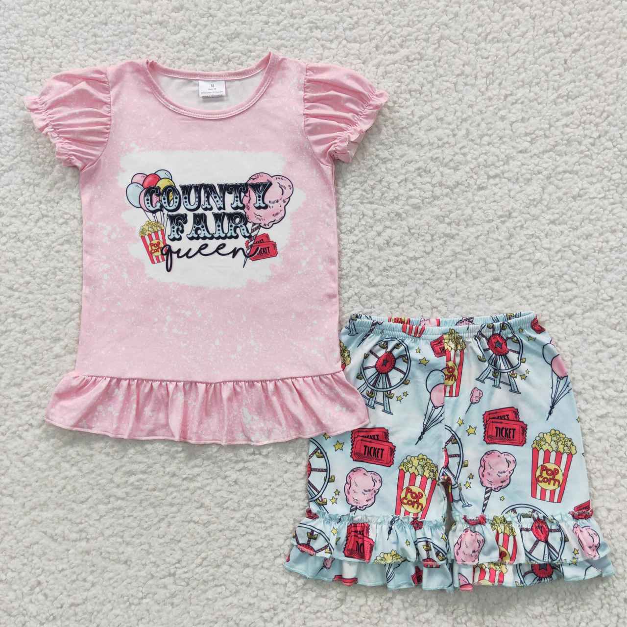 GSSO0260 Pink Blue Popcorn Fair Queen Girls Short Sleeve Shorts Outfits