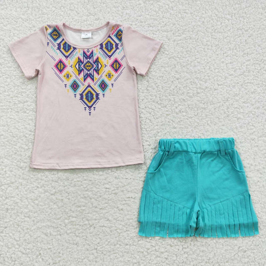 GSSO0272 Pink Blue Western Tassel Girls Short Sleeve Shorts Outfits