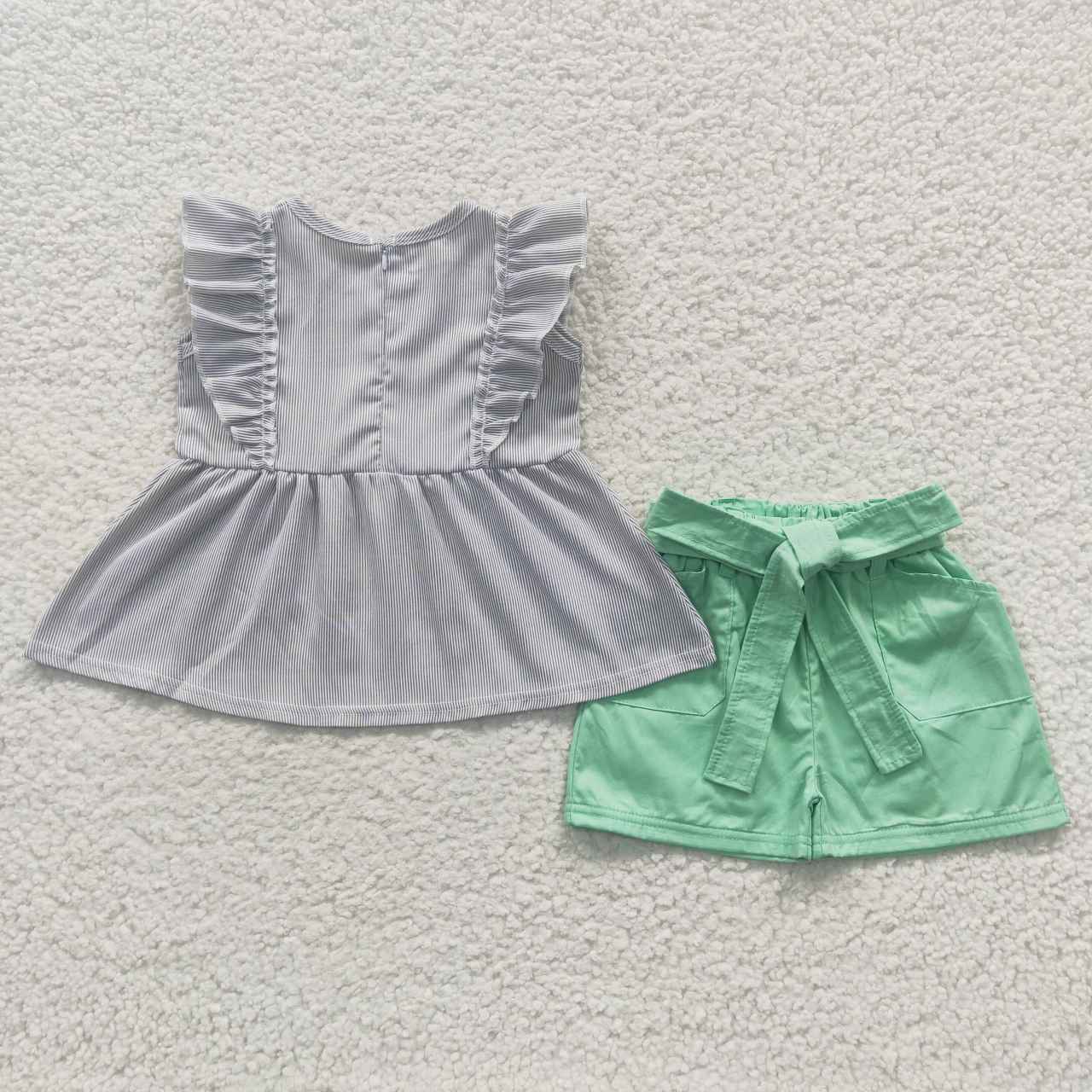 A9-22 Grey Green Girls Short Sleeve Shorts Outfits