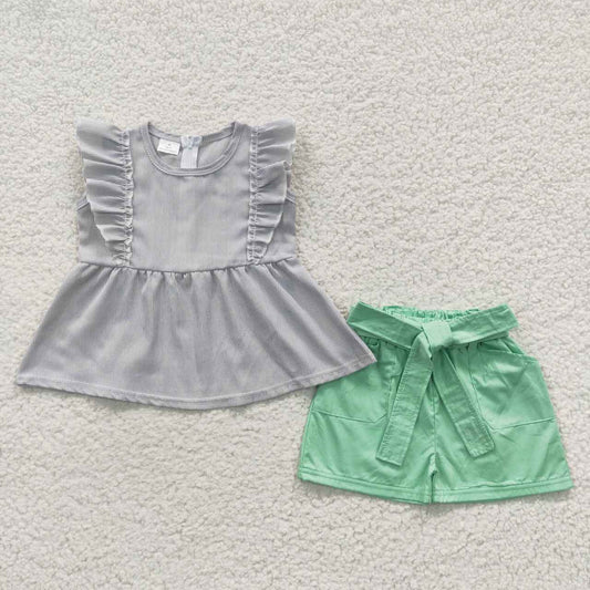 A9-22 Grey Green Girls Short Sleeve Shorts Outfits