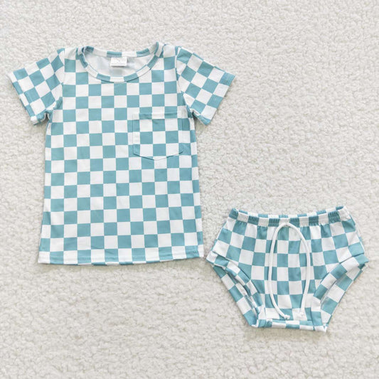 GBO0140 Blue Plaid  Girls Short Sleeve Bummies Outfits