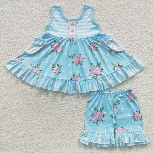 A17-2 Blue Striped Print Floral Tunic Girls Sleeveless Shorts Outfits